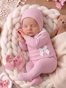 SHEIN Newborn Sweater Set, Bow-Detail Top & Footed Pants With Knit Hat - Baby Pink - View 9