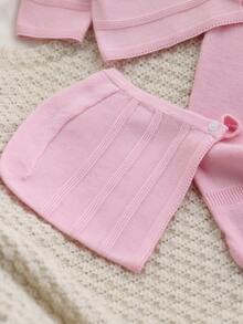 SHEIN Newborn Sweater Set, Bow-Detail Top & Footed Pants With Knit Hat - Baby Pink - View 6