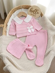 SHEIN Newborn Sweater Set, Bow-Detail Top & Footed Pants With Knit Hat - Baby Pink - View 1