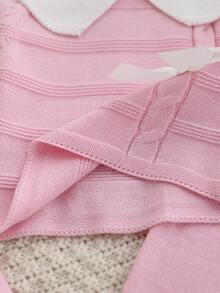 SHEIN Newborn Sweater Set, Bow-Detail Top & Footed Pants With Knit Hat - Baby Pink - View 8