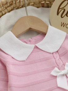 SHEIN Newborn Sweater Set, Bow-Detail Top & Footed Pants With Knit Hat - Baby Pink - View 4