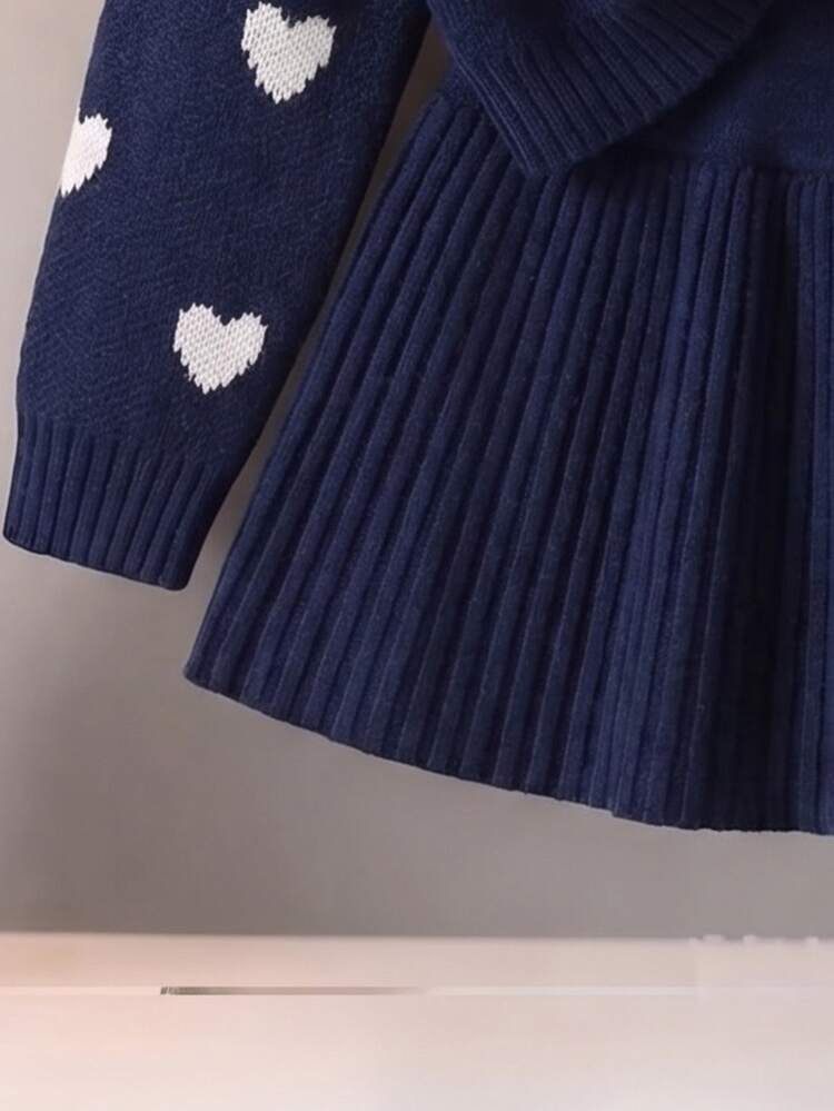 SHEIN Girls' Autumn/Winter Fashion Heart & Bow Knitted Sweater Long Sleeve Cardigan With Black Skirt Set - Navy Blue - View 4