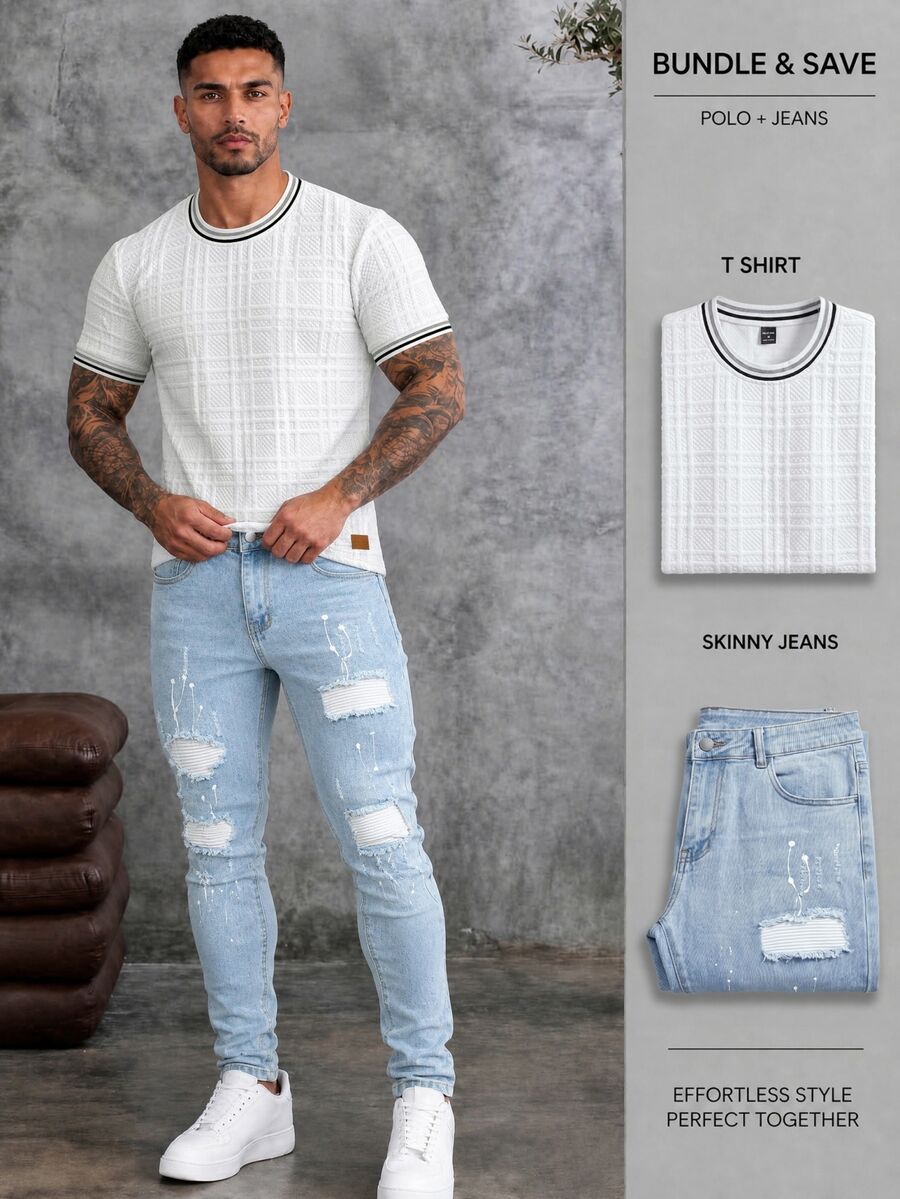 EGENSIO Men's Distressed Slim-Fit Casual Denim Jeans With Pockets - Light Wash - View 1