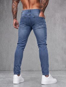 EGENSIO 男款破洞削邊修身牛仔褲，貨運口袋素色淺藍色工作休閒，適合丈夫 - 中等水洗藍 - 查看 5