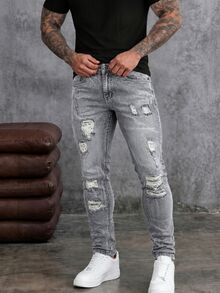 EGENSIO Men's Slim-Fit Denim Pants With Pockets And Distressed Design For Daily And Travel, Emo Style - Grey - View 1