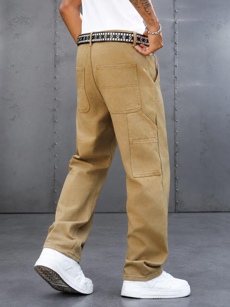 Manfinity EMRG Casual Khaki Straight Loose Cargo Pocket Denim Jeans For Work & Commute, Spring/Summer - Khaki - View 1