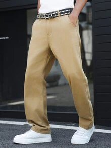 Manfinity EMRG Casual Khaki Straight Loose Cargo Pocket Denim Jeans For Work & Commute, Spring/Summer - Khaki - View 4