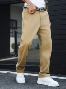 Manfinity EMRG Casual Khaki Straight Loose Cargo Pocket Denim Jeans For Work & Commute, Spring/Summer - Khaki - View 6