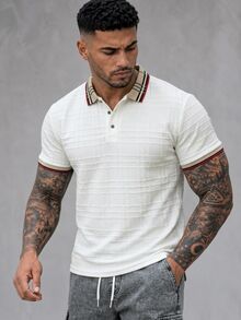 Manfinity Homme 男士针织提花纯色纹理罗纹领三粒扣 Polo 衫 - 白色 - 查看 3