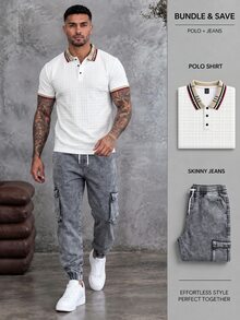 Manfinity Homme 男士针织提花纯色纹理罗纹领三粒扣 Polo 衫 - 白色 - 查看 1