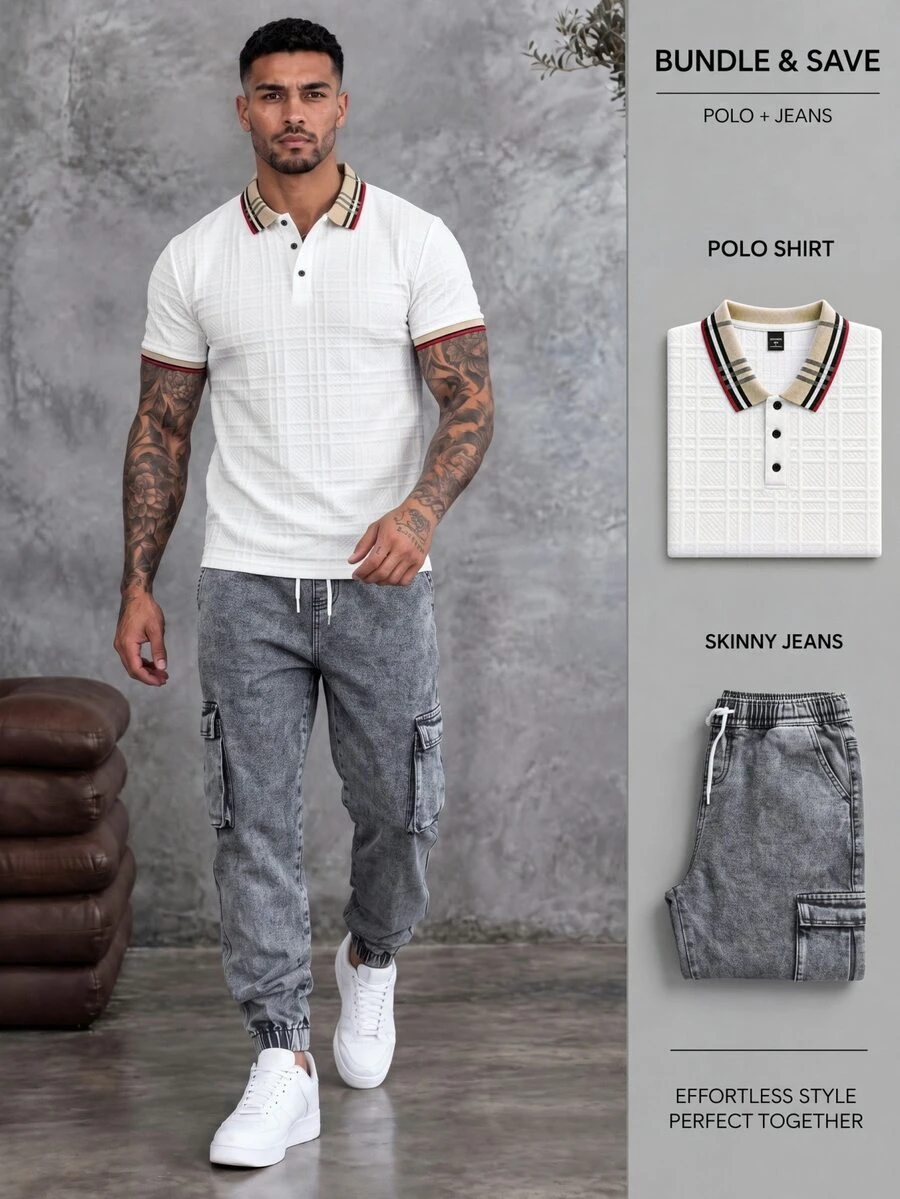 Manfinity Homme 男士针织提花纯色纹理罗纹领三粒扣 Polo 衫 - 白色 - 查看 1
