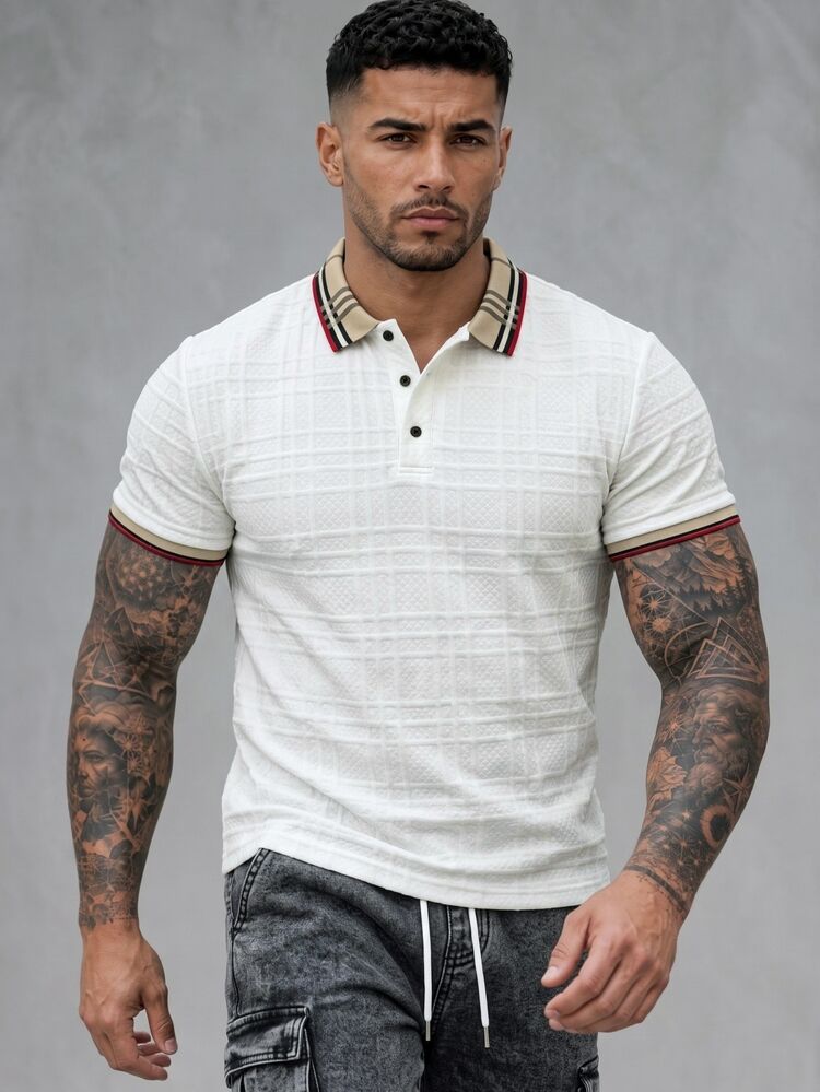 Manfinity Homme Men's Knitted Jacquard Solid Color Textured Ribbed Collar 3-Button Polo Shirt - White - View 2