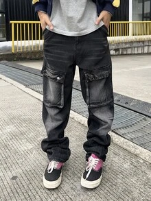 Manfinity EMRG 男式休闲宽松工装口袋阔腿牛仔裤 - 黑色 - 查看 5
