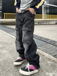 Manfinity EMRG 男式休闲宽松工装口袋阔腿牛仔裤 - 黑色 - 查看 4