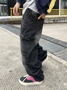 Manfinity EMRG 男式休闲宽松工装口袋阔腿牛仔裤 - 黑色 - 查看 6