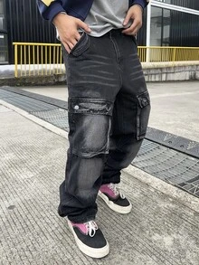 Manfinity EMRG 男式休闲宽松工装口袋阔腿牛仔裤 - 黑色 - 查看 7
