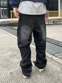 Manfinity EMRG 男式休闲宽松工装口袋阔腿牛仔裤 - 黑色 - 查看 2