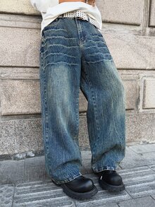 Manfinity EMRG Men's Casual Fashion Street Daily Commute Washed Loose Wide-Leg Jeans - Dark Wash - View 8