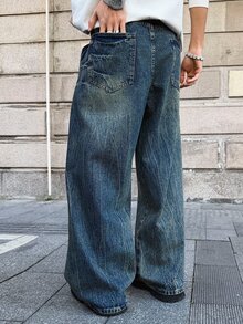 Manfinity EMRG Men's Casual Fashion Street Daily Commute Washed Loose Wide-Leg Jeans - Dark Wash - View 2