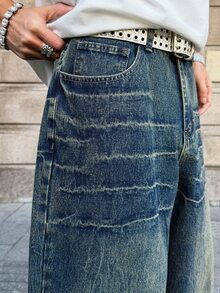 Manfinity EMRG Men's Casual Fashion Street Daily Commute Washed Loose Wide-Leg Jeans - Dark Wash - View 6