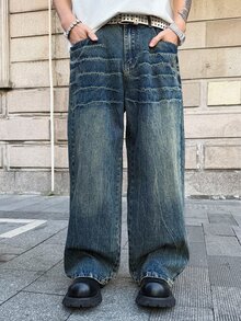 Manfinity EMRG Men's Casual Fashion Street Daily Commute Washed Loose Wide-Leg Jeans - Dark Wash - View 9