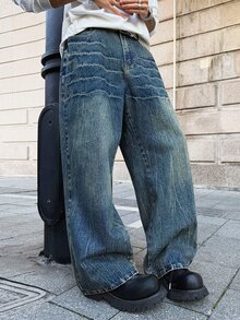 Manfinity EMRG Men's Casual Fashion Street Daily Commute Washed Loose Wide-Leg Jeans - Dark Wash - View 3
