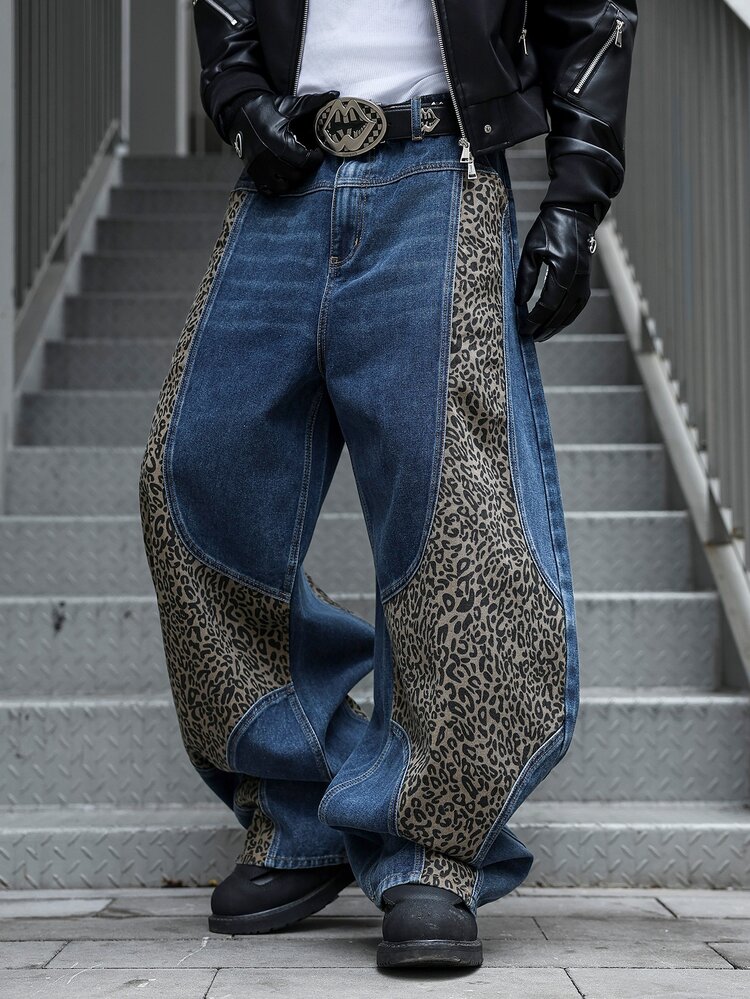 Manfinity EMRG Leopard Print Patchwork Pocket Casual Wide Leg Jeans - Blue - View 5
