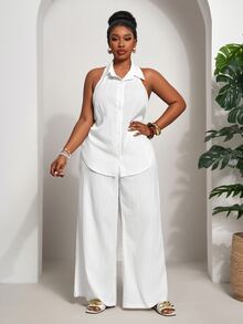 Veslaya White Sleeveless Halter Blouse And Wide Leg Pants Co-Ord Semi-Sheer Sexy Plus Size Summer Outfit For Women - White - View 6