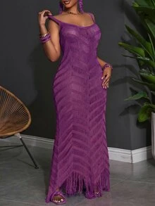 Slaydiva Plus Size Summer Sleeveless Hollow-Out Sheer Dress Party Vacation Night Vacation Night Light Purple Sexy 70's 70's - Purple - View 5