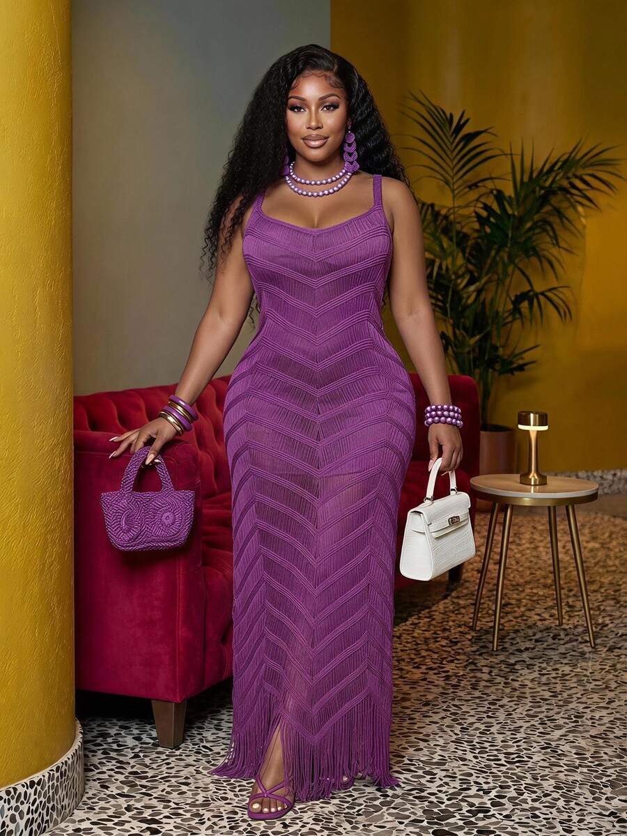 Slaydiva Plus Size Summer Sleeveless Hollow-Out Sheer Dress Party Vacation Night Vacation Night Light Purple Sexy 70's 70's - Purple - View 1