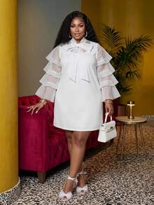 Veslaya Plus Size Women Mini Dress, White Polka Dot Sheer Ruffle Sleeve Big Bow Party Shift Dress Fall - White - View 2