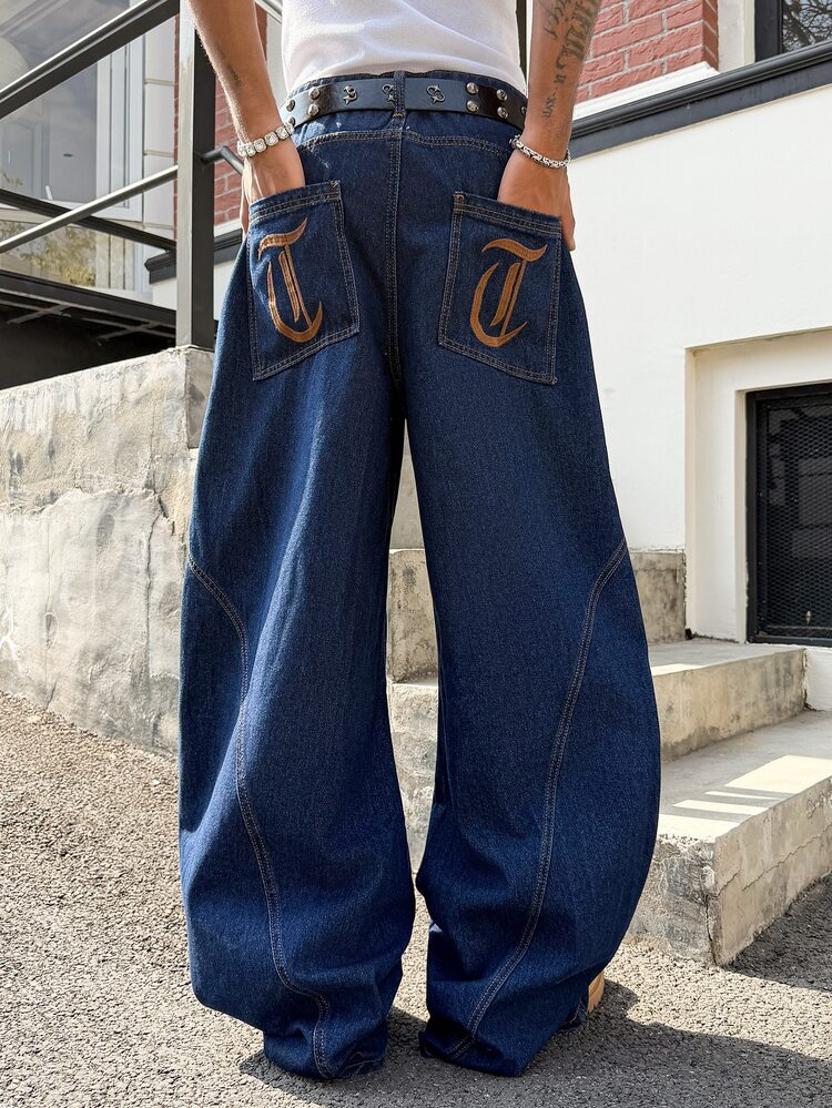 Manfinity EMRG Men's Letter Embroidered Casual Versatile Daily Wear Tapered Leg Jeans Oversized Baggy Jeans - Blue - View 3