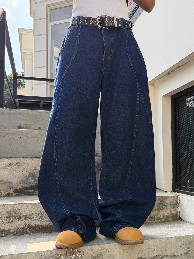 Manfinity EMRG Men's Letter Embroidered Casual Versatile Daily Wear Tapered Leg Jeans Oversized Baggy Jeans - Blue - View 2