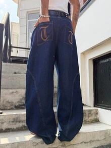 Manfinity EMRG 男士字母刺绣休闲百搭日常穿着锥形裤 - 藍色 - 查看 6