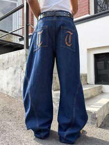 Manfinity EMRG 男士字母刺绣休闲百搭日常穿着锥形裤 - 藍色 - 查看 9