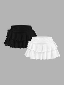 SHEIN Tall Women's Solid Color Skirt With Side Drawstring And Double-Layer Ruffled Hem (2-Pack) - Multicolor - View 9