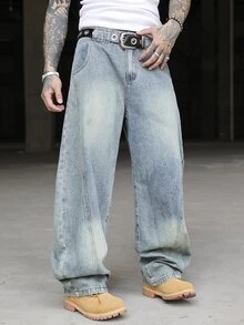 Manfinity EMRG Men's Casual Loose Fit Baggy Jeans With Belt - Light Wash - View 4