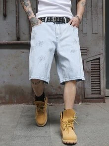 Manfinity EMRG Men's Light Wash Denim Bermuda Shorts With Zipper Details - Light Wash - View 3