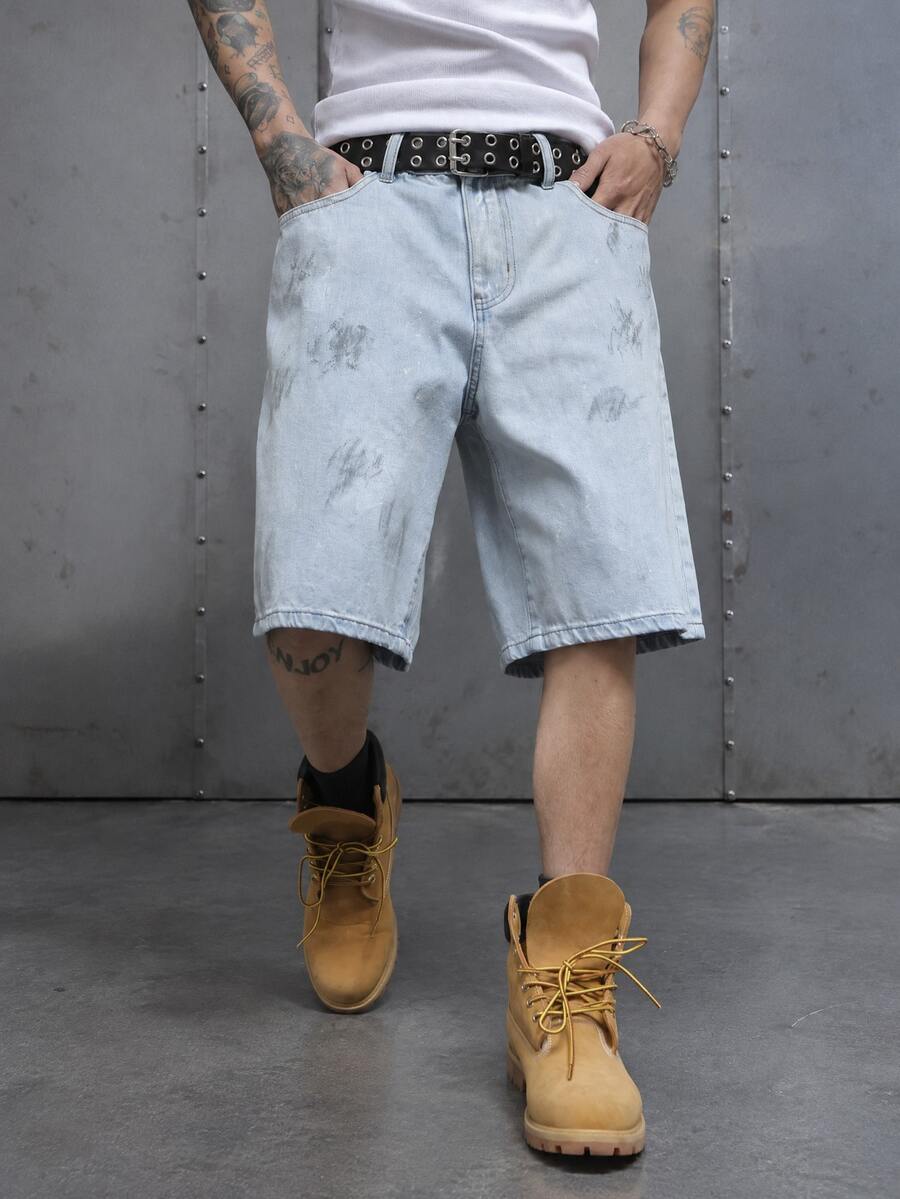 Manfinity EMRG Men's Light Wash Denim Bermuda Shorts With Zipper Details - Light Wash - View 1