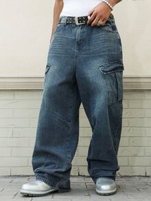 Manfinity EMRG Unisex Casual Loose Fit Multi-Pocket Cargo Style Denim Jeans - Blue - View 8