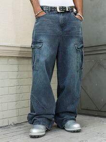 Manfinity EMRG Unisex Casual Loose Fit Multi-Pocket Cargo Style Denim Jeans - Blue - View 9