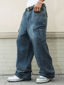 Manfinity EMRG Unisex Casual Loose Fit Multi-Pocket Cargo Style Denim Jeans - Blue - View 6