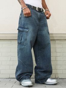 Manfinity EMRG Unisex Casual Loose Fit Multi-Pocket Cargo Style Denim Jeans - Blue - View 4