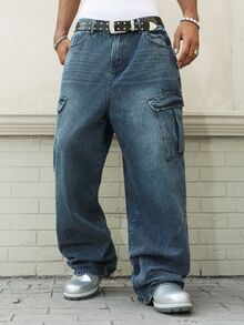 Manfinity EMRG Unisex Casual Loose Fit Multi-Pocket Cargo Style Denim Jeans - Blue - View 5