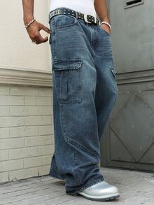 Manfinity EMRG Unisex Casual Loose Fit Multi-Pocket Cargo Style Denim Jeans - Blue - View 7