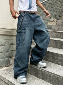 Manfinity EMRG Unisex Casual Loose Fit Multi-Pocket Cargo Style Denim Jeans - Blue - View 3