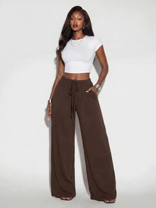 Normani 女款休閒百搭素色寬腿長褲 - 棕色 - 查看 10