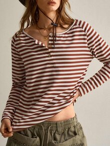 SHEIN Women's Vintage Striped Large Scoop Neck Long Sleeve T-Shirt - Brown - View 6