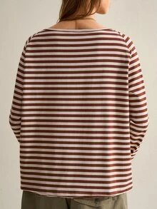 SHEIN Women's Vintage Striped Large Scoop Neck Long Sleeve T-Shirt - Brown - View 3