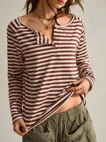 SHEIN Women's Vintage Striped Large Scoop Neck Long Sleeve T-Shirt - Brown - View 4